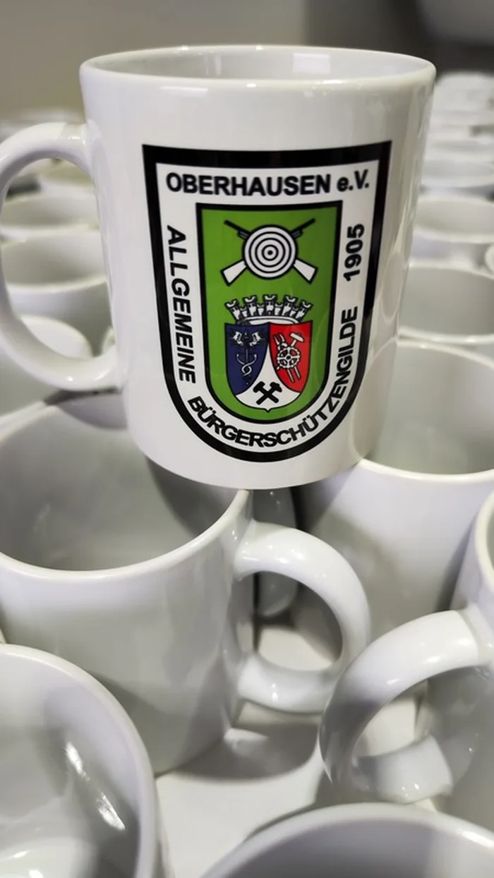 Bedruckte Tasse mit Wappen der Bürgerschützengilde Oberhausen