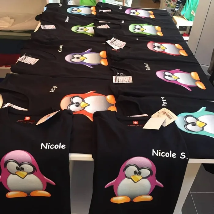 Personalisierte T-Shirts mit bunten Pinguin-Motiven und Namen